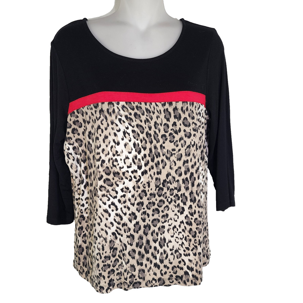 Chico's Women Colorblock Leopard Top Size 1 Medium 3/4 Sleeve Black Stretch Knit